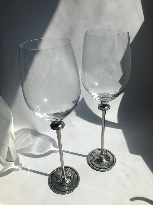Pair of Royal Selangor Pewter Stem Wine Glasses - Art Nouveau Style